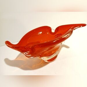 Vintage Red Orange Art Glass Ashtray Bowl - Handblown Decorative Home Art